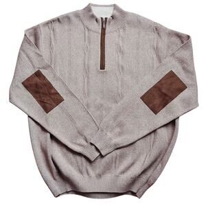 Alex Cannon Cable Knit 1/4 Zip Mens Pullover Sweater Elbow Patch Toasty Beige XL
